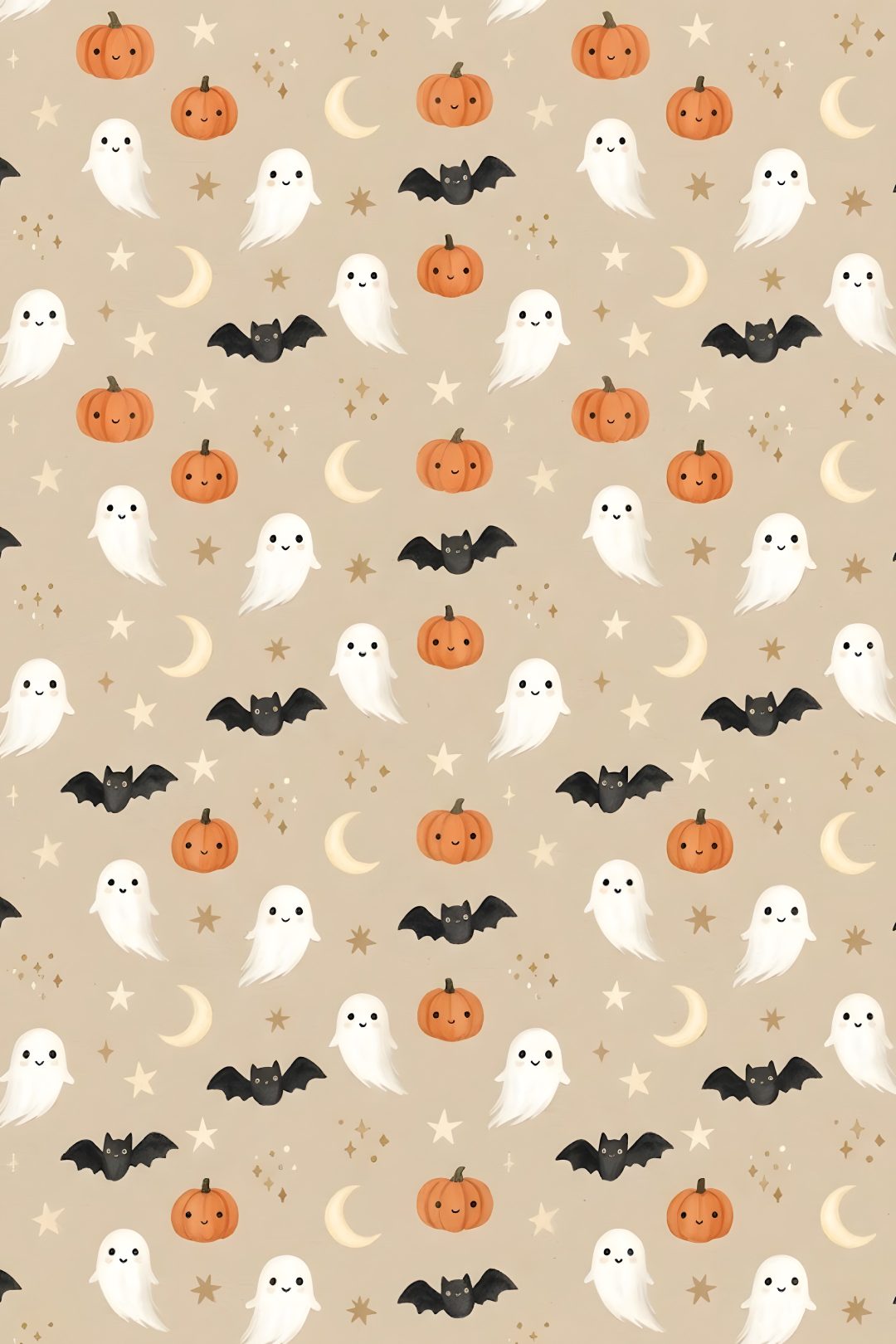 a halloween themed wallpaper with pumpkins, bats and ghost faces on it's beige background Halloween Pumpkin Pattern wheat