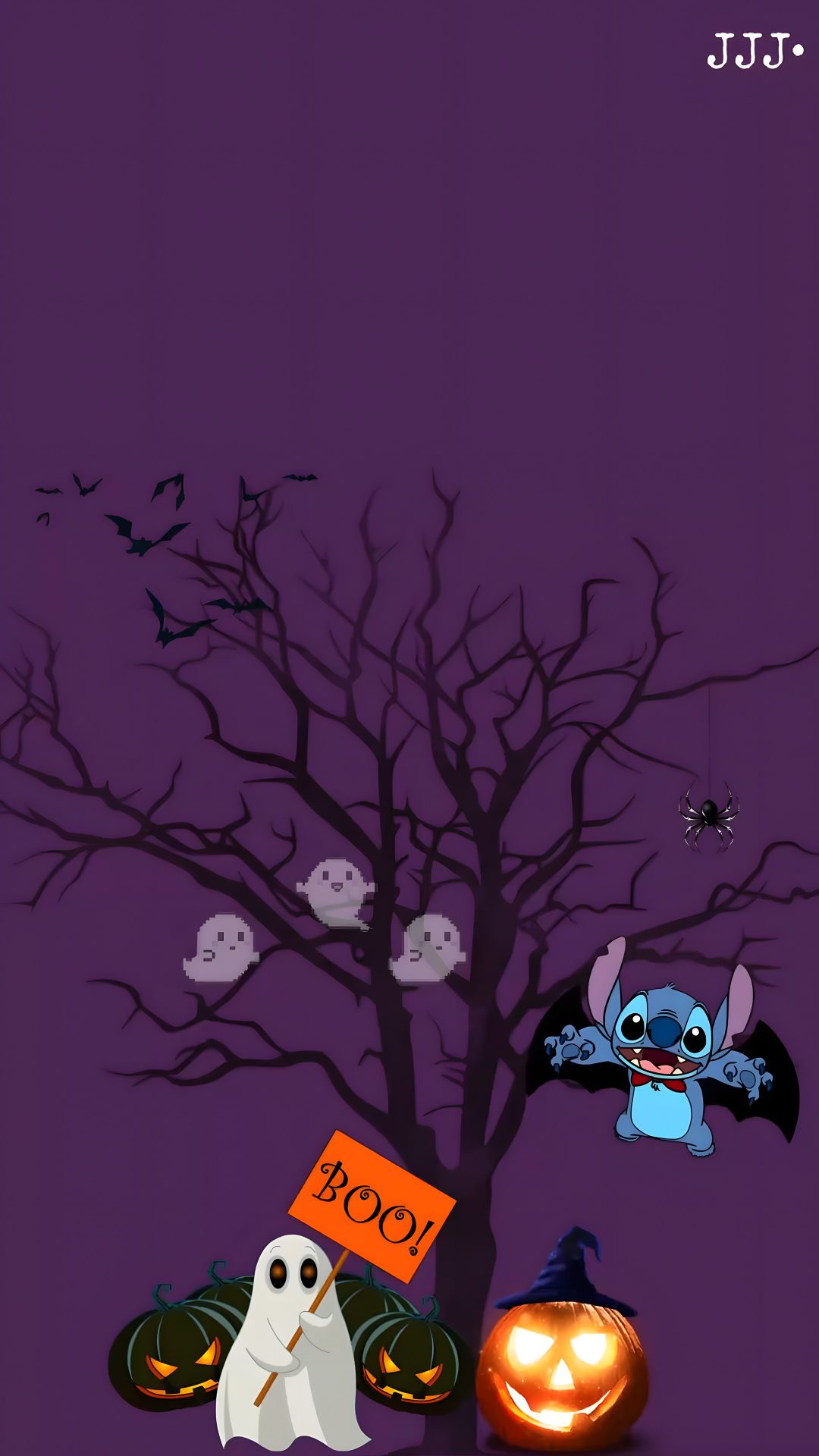 a halloween scene with pumpkins, bats and a tree in the dark purple background Halloween Stitch Gif Halloween Stitch, Movie Posters, dark slate gray