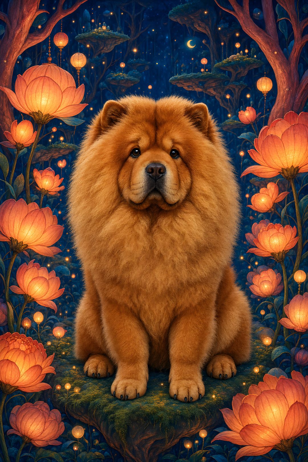a large brown dog sitting on top of a lush green field next to flowers and trees Halloween Chow Chow saddle brown