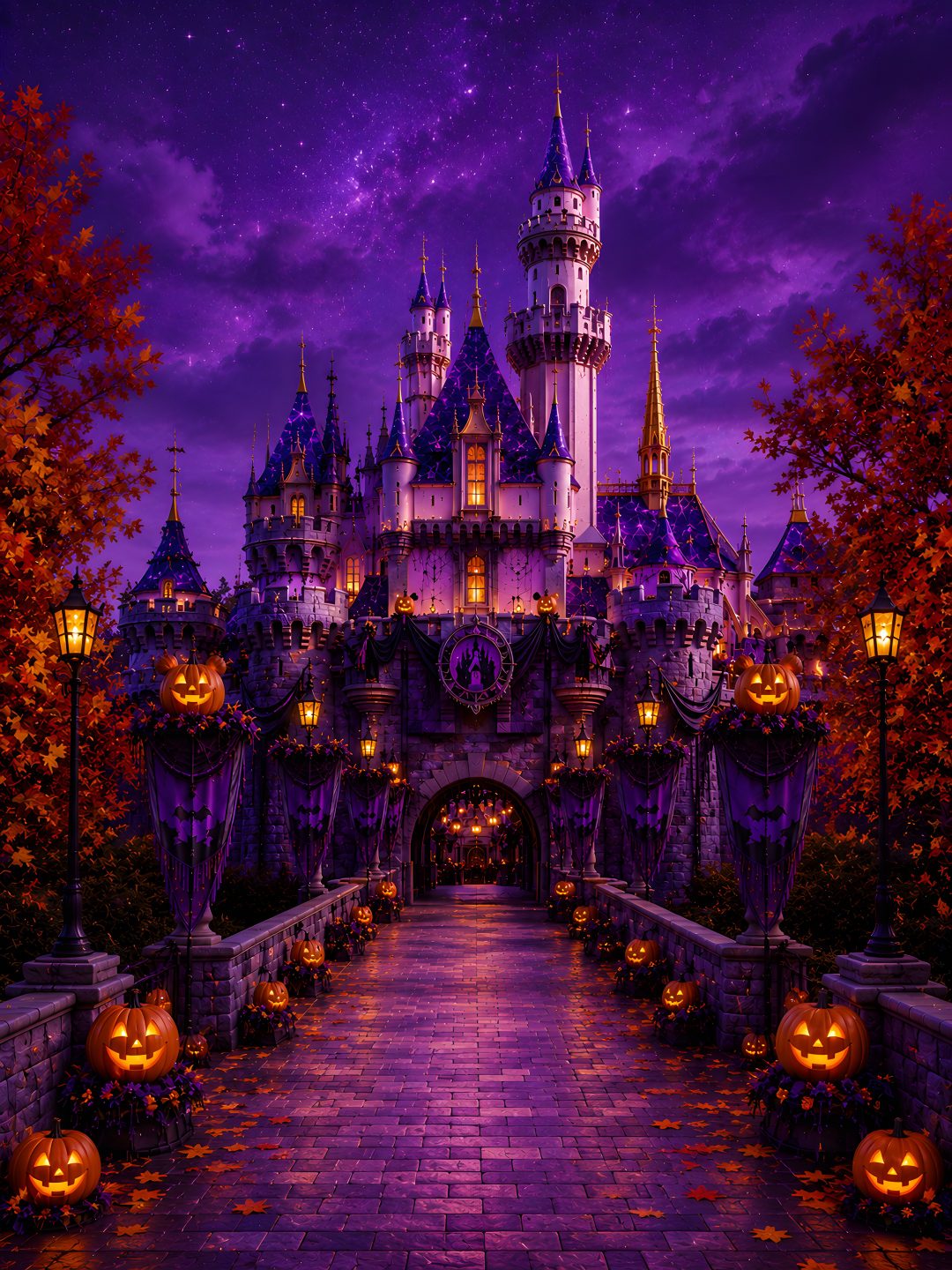 a castle with pumpkins on the ground in front of it and purple skies above Disney Castle Halloween midnight blue