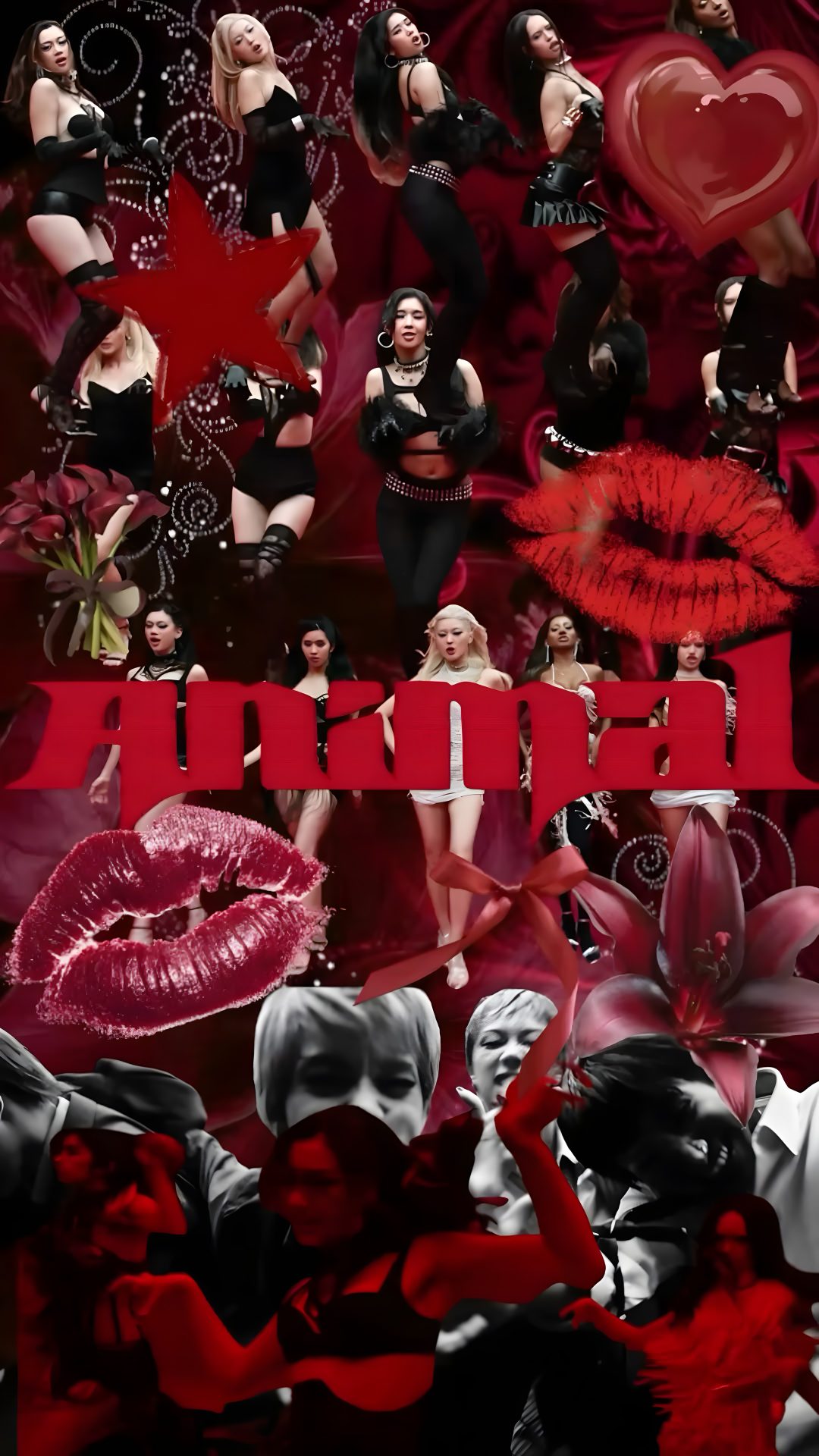 a collage of photos with red and black colors, including the words i love you Katseye Halloween Katseye, Jennie Lisa, Color Coding, Collage, Coding, Animals, maroon