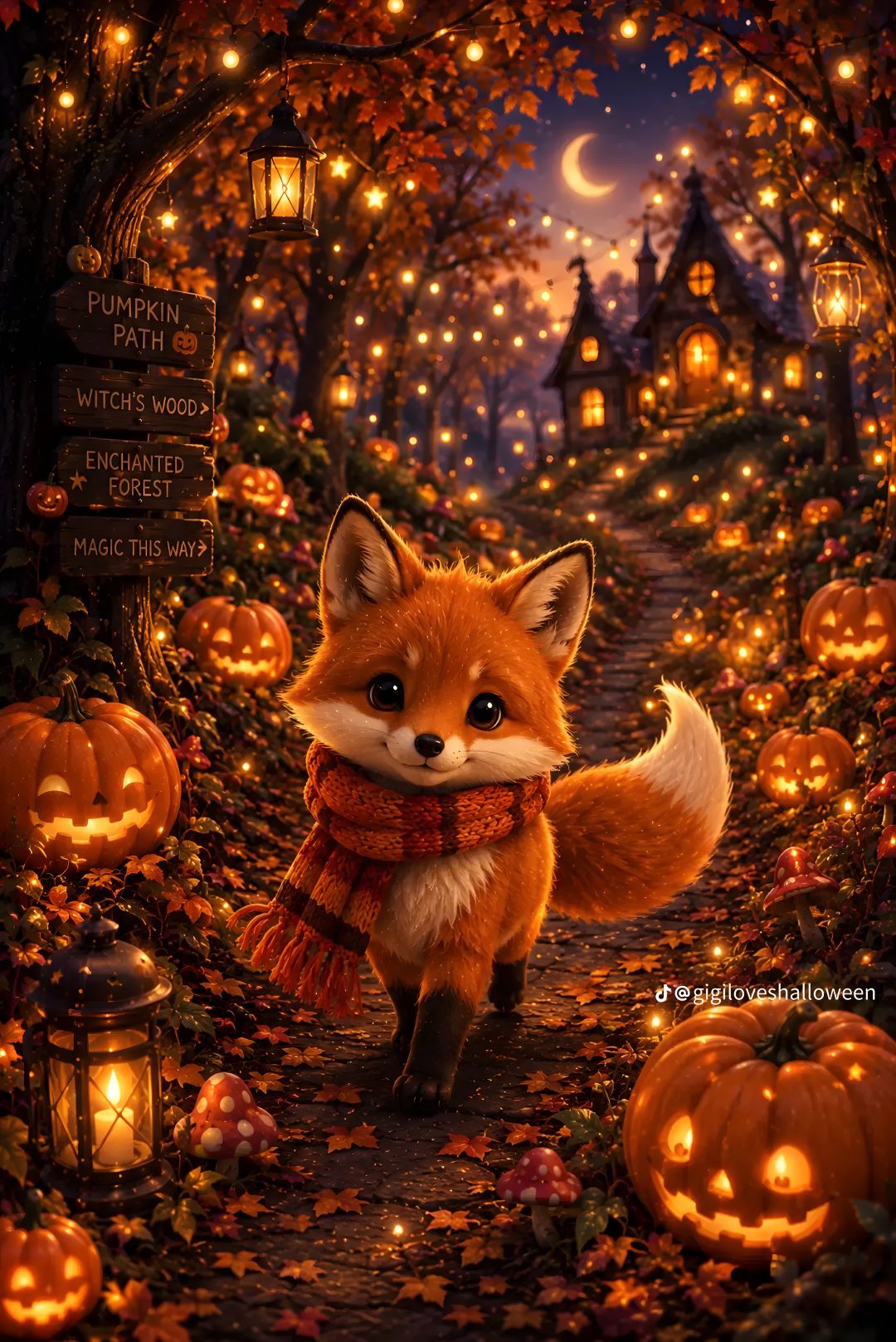a painting of a fox wearing a scarf and standing in the middle of pumpkins Halloween Forest Animals maroon
