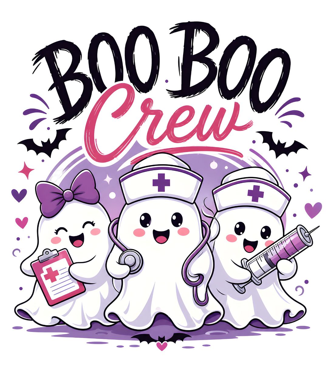 three cartoon ghostes are dressed up as doctors Nurse Halloween white