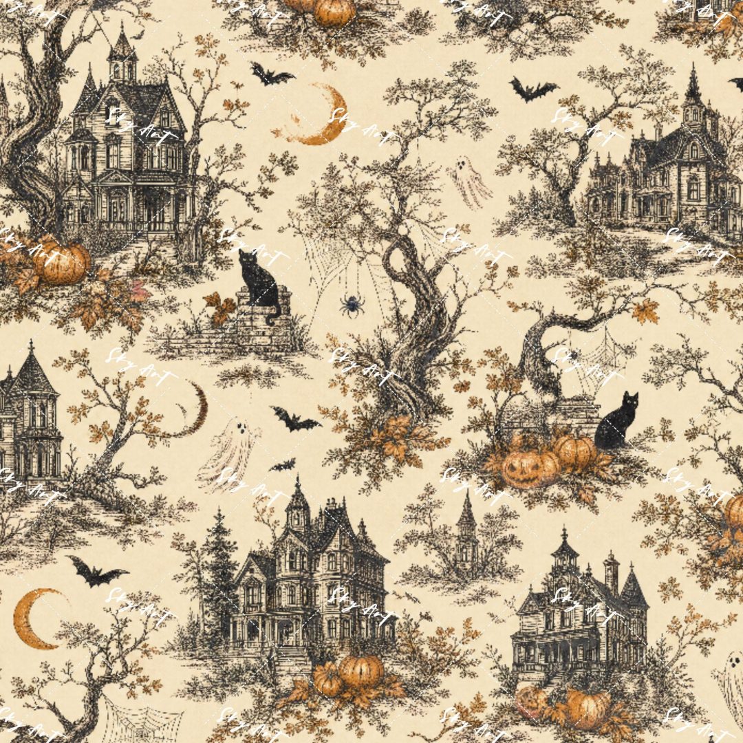 an old fashioned halloween scene with pumpkins, bats and cats on the tree branches Halloween Toile tan