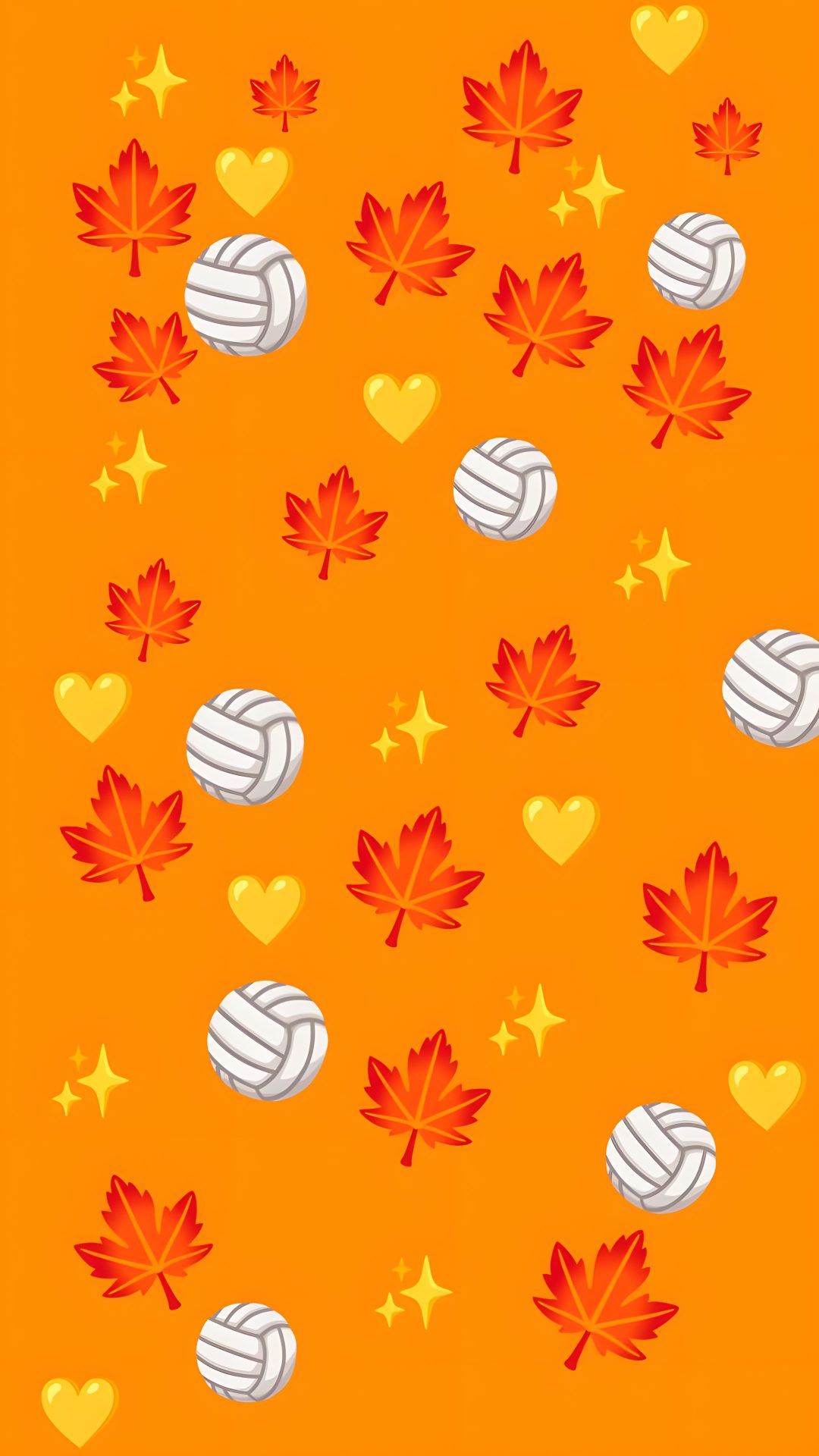 an orange background with hearts, stars and volleyball balls in the shape of maple leaves Volleyball Halloween Fall Volleyball, Volleyball, Iphone, Cricut, dark orange