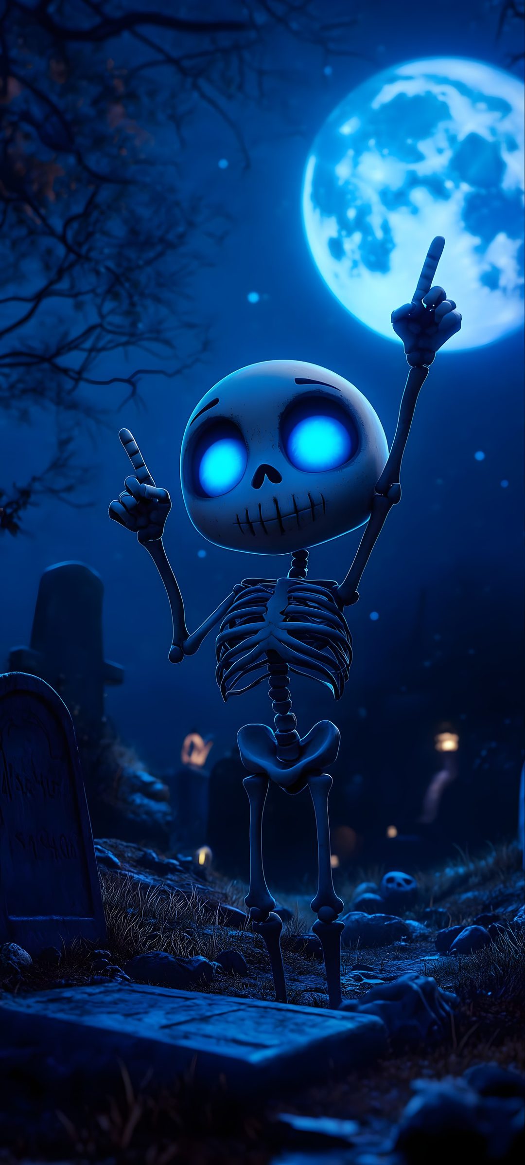 a skeleton with glowing blue eyes pointing to the sky in front of a cemetery at night Cool Boy Halloween midnight blue