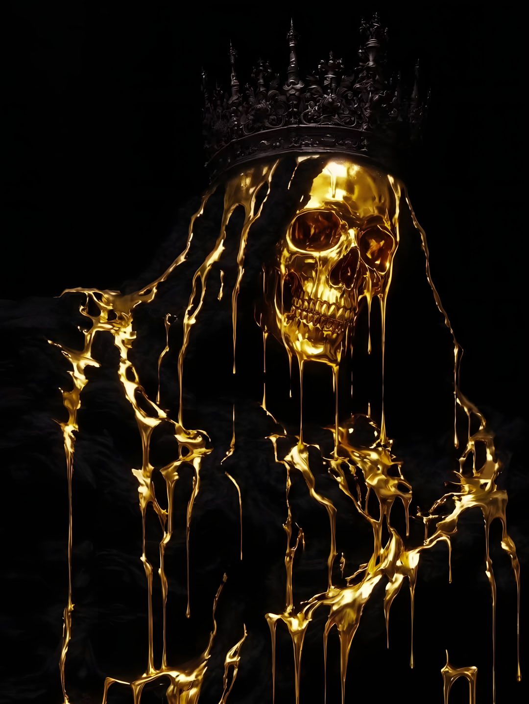 a skull wearing a crown and dripping gold paint Black And Gold Halloween black