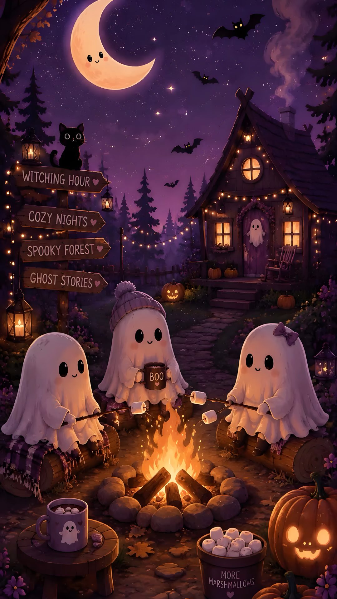 three ghost sitting around a campfire in front of a house with bats and pumpkins Cute Animated Halloween dark slate gray