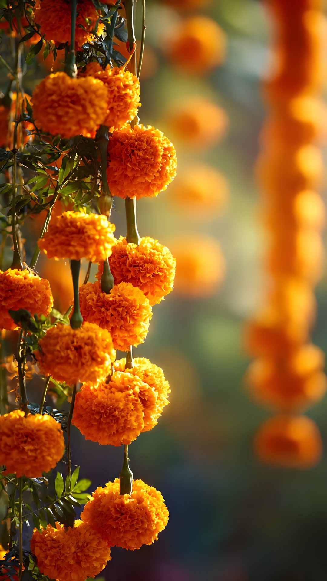 orange flowers are hanging from a tree Halloween Marigold saddle brown