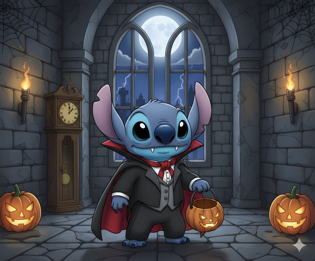 a cartoon character dressed up as stitchy with pumpkins Stitch Halloween Desktop Halloween, dark slate gray