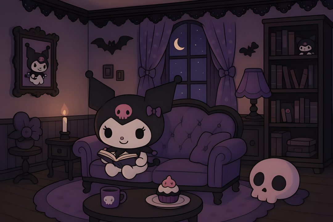 a living room filled with furniture and a cat sitting on top of a chair next to a table Halloween Kuromi dark slate gray