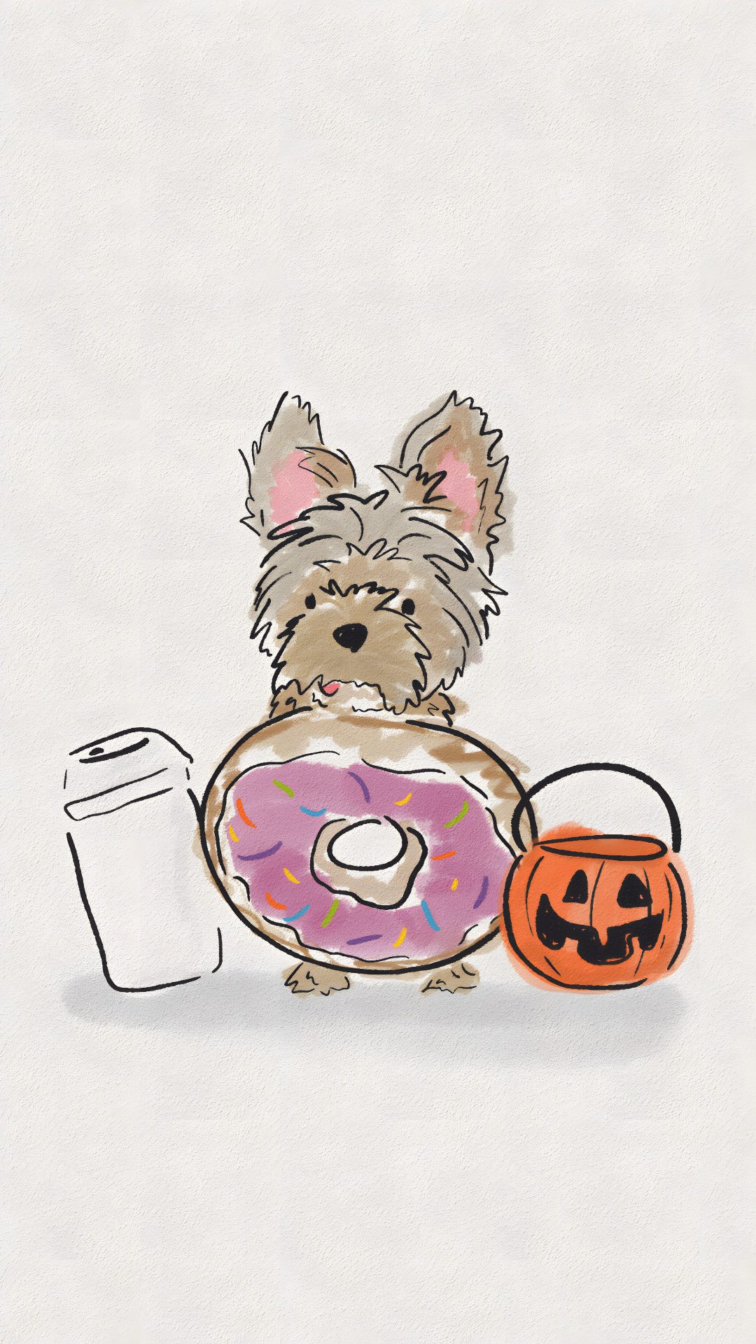a small dog with a donut and cup of coffee Yorkie Halloween gainsboro
