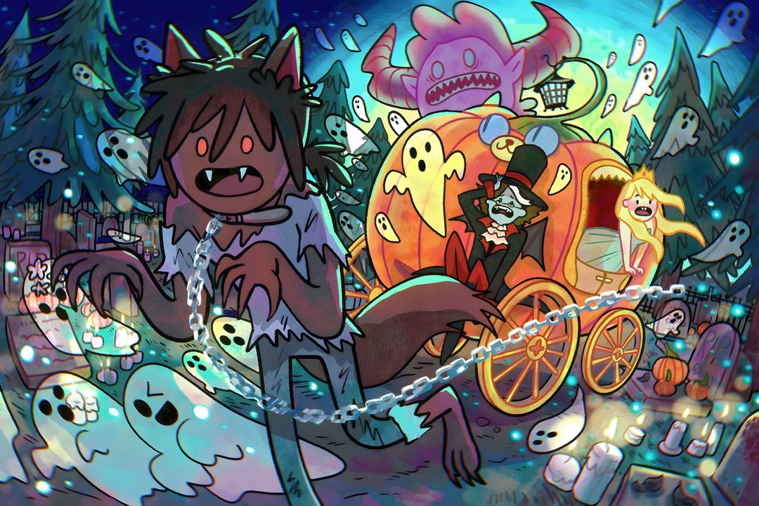 cartoon characters riding in a horse drawn carriage on a street at night with spooky lights Halloween Adventure Time Adventure Time, Gorillaz, Cartoon Art, Halloween, Drawings, dim gray
