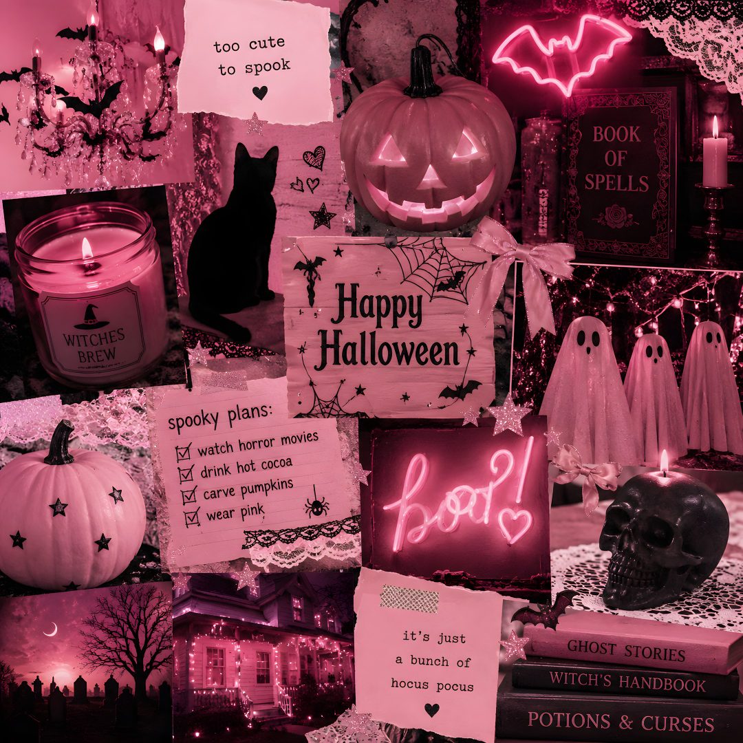 a collage of halloween themed items including candles, signs, and pictures with words written on them Pink Halloween Collage brown