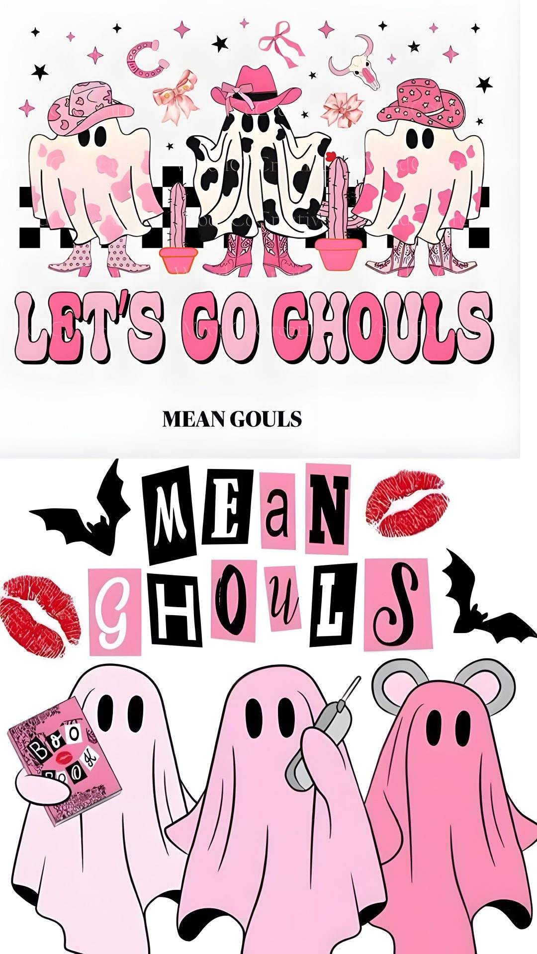 the poster for mean ghouls's men and women show is shown in pink Cute Halloween Mean Girls Ghoul Meaning, Letting Go, Let It Be, white smoke