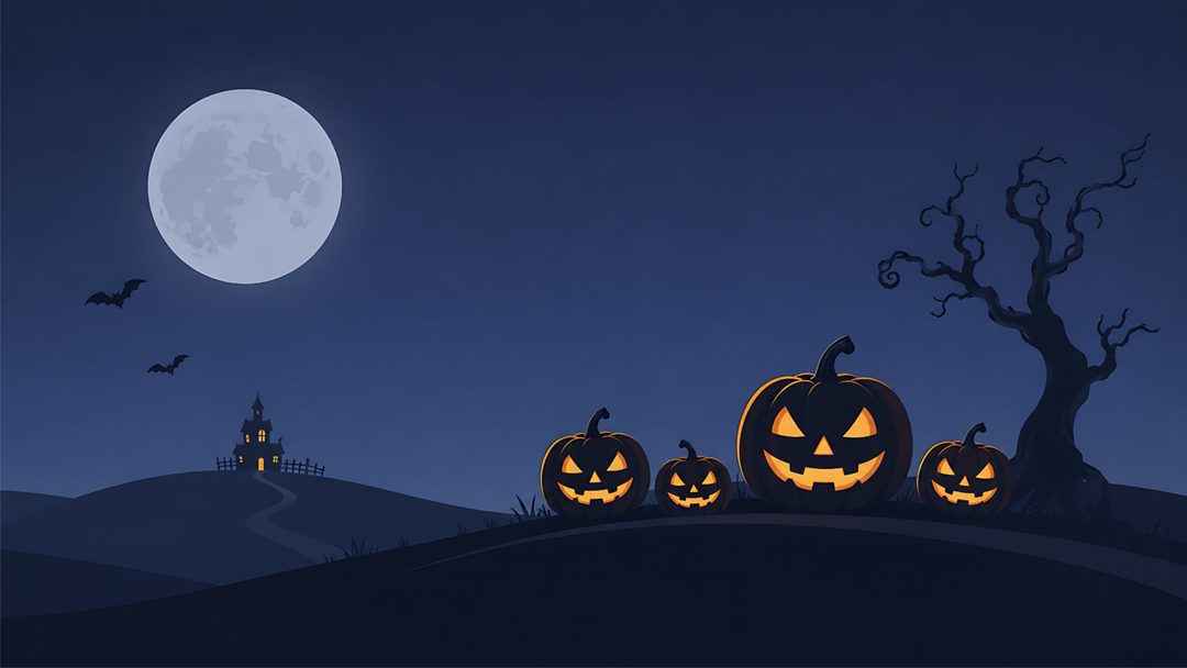 three carved pumpkins sitting on top of a hill under a full moon with bats flying in the sky Halloween Triple Monitor dark slate gray