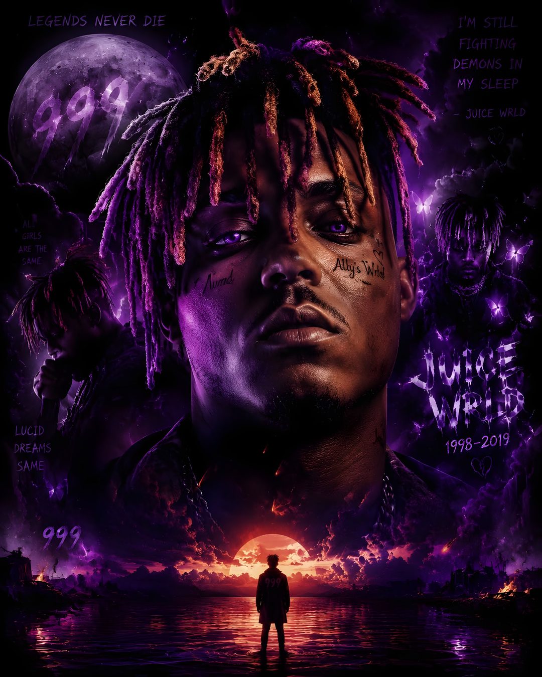 a man with dreadlocks standing in front of an image of the moon and water Halloween Juice Wrld black