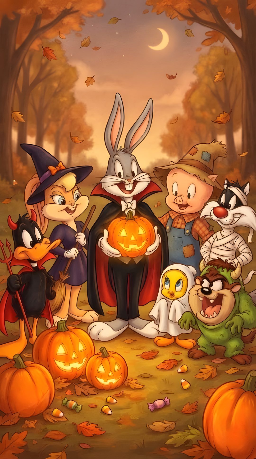 cartoon characters dressed up in halloween costumes with pumpkins and jack - o'- lanterns Disney Characters Halloween sienna