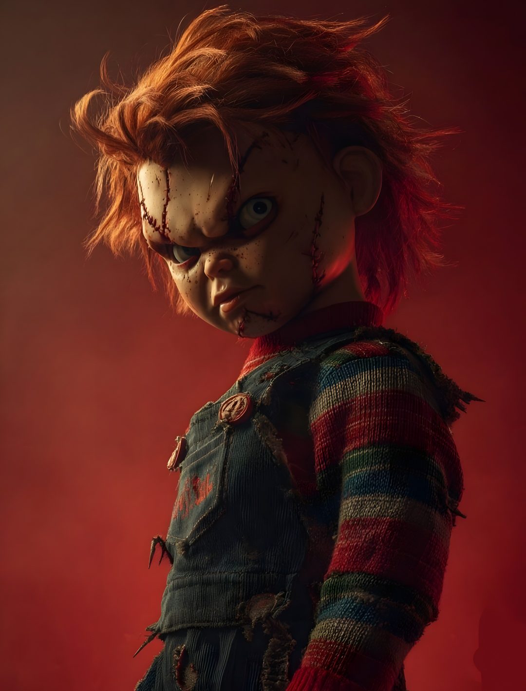 a creepy looking doll with red hair and blue overalls, standing in front of a red background Halloween Chucky Scary Chucky, Red, maroon