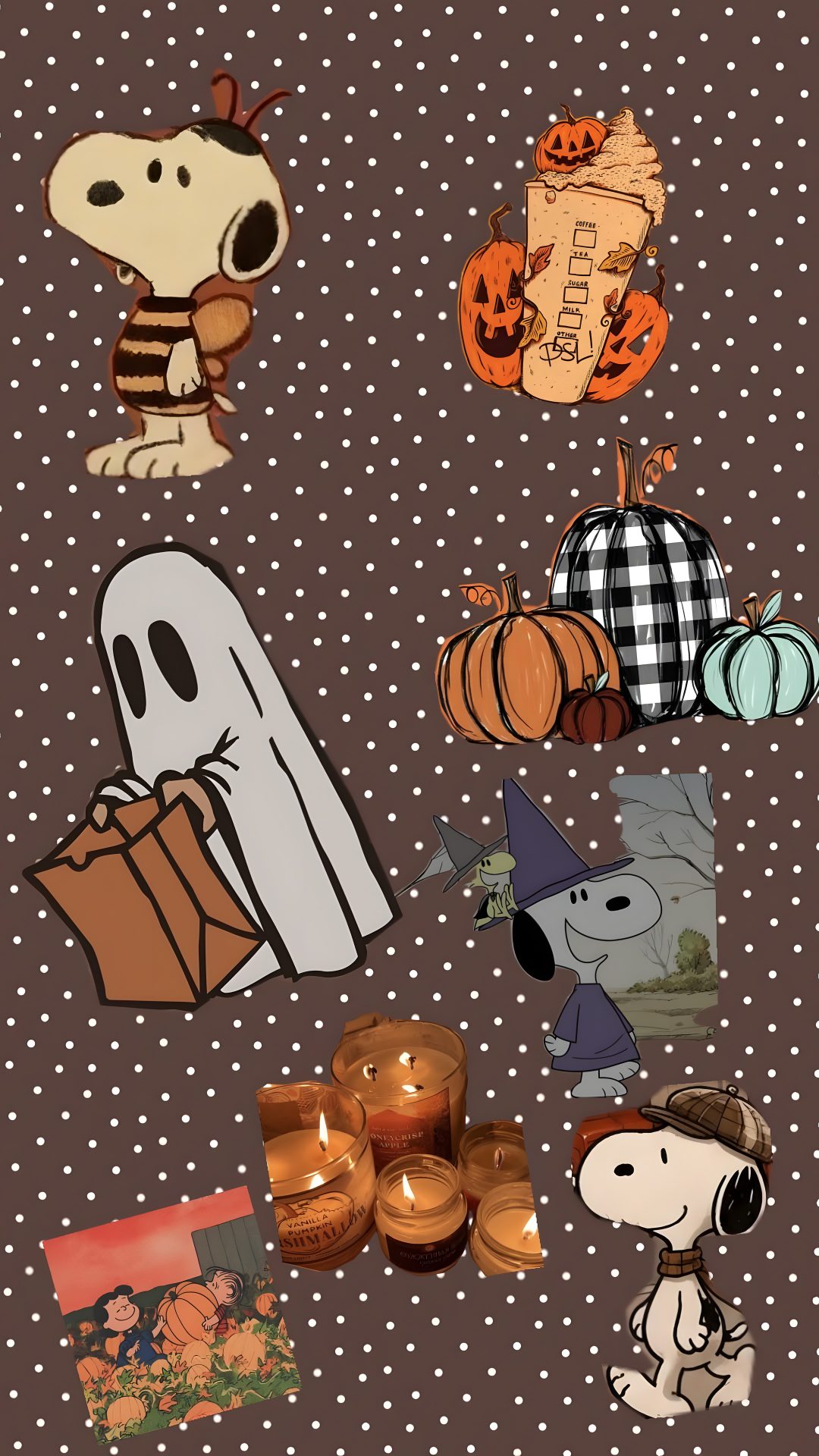 a group of cartoon characters with pumpkins, candles and other items in the background Happy Halloween Snoopy Halloween dark olive green