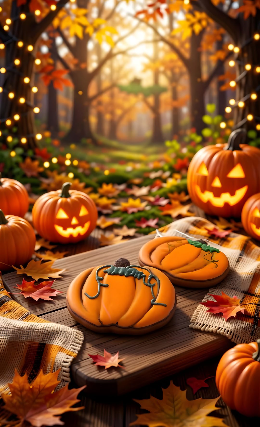 pumpkins and jack - o'- lantern cookies on a table in the woods Halloween Cookie saddle brown