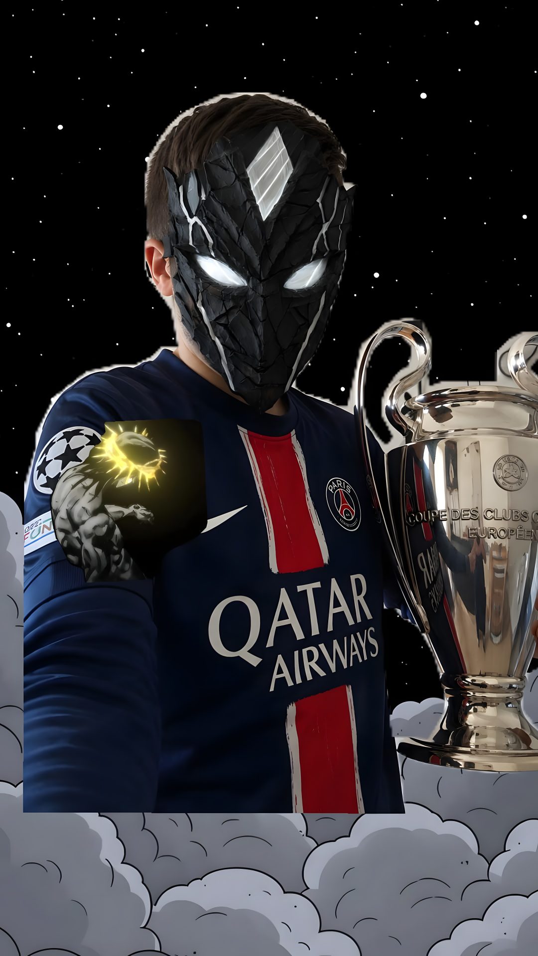 a man wearing a mask and holding a trophy in front of the sky with clouds Football Halloween Psg black