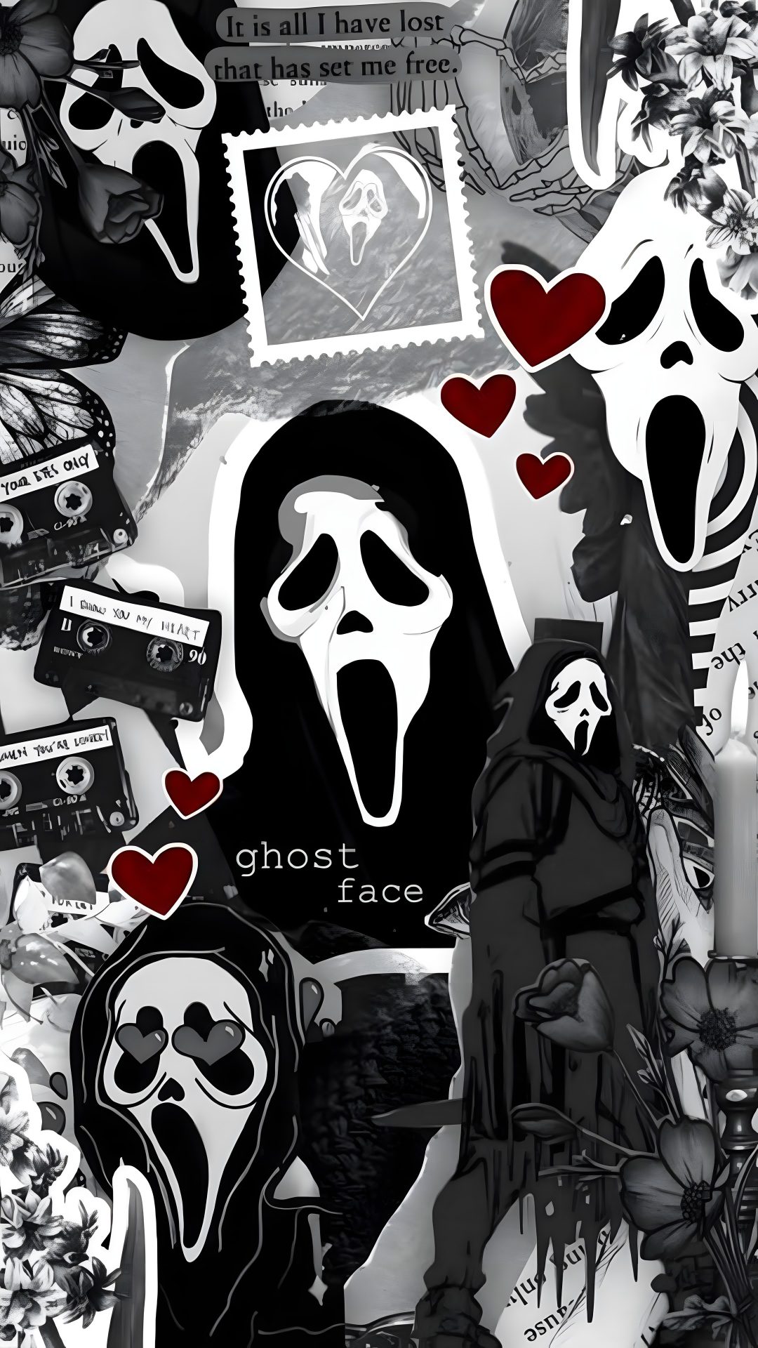 a collage of halloween images with ghost faces and heart shaped stickers on them Halloween Scream Cute Ghostface dark slate gray