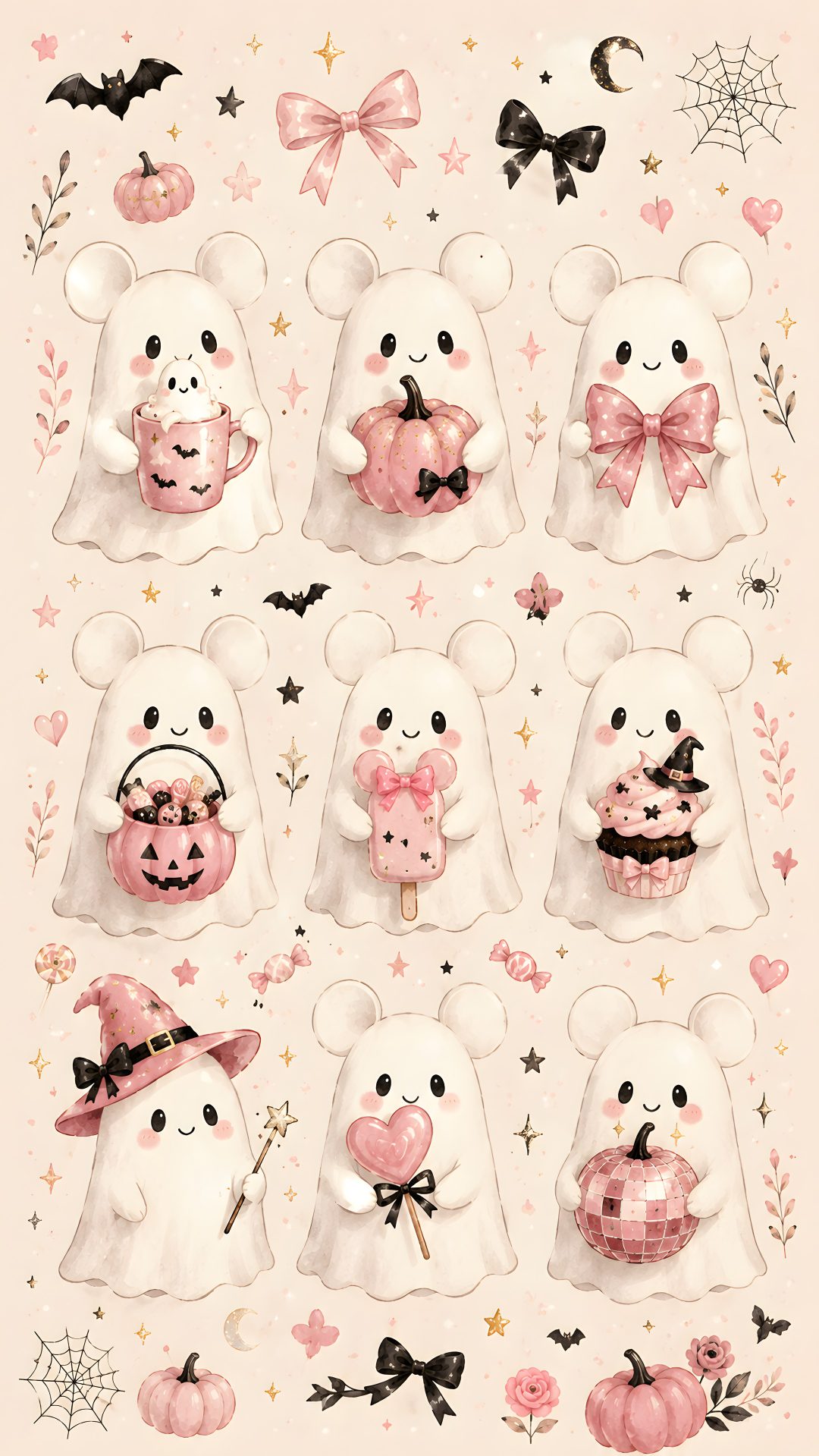 a bunch of white teddy bears with pink bows and pumpkins on their heads, all in different shapes and sizes Pastel Pastel Cute Pink Halloween antique white