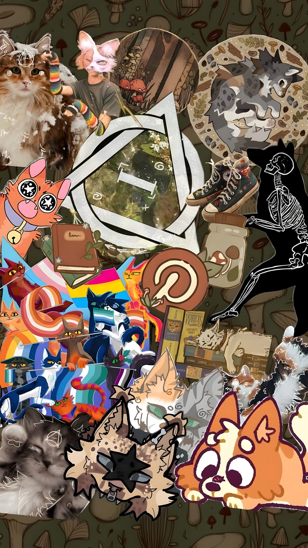 a collage of many different types of stickers on a piece of paper that has been altered to look like an image Therian Halloween dark olive green