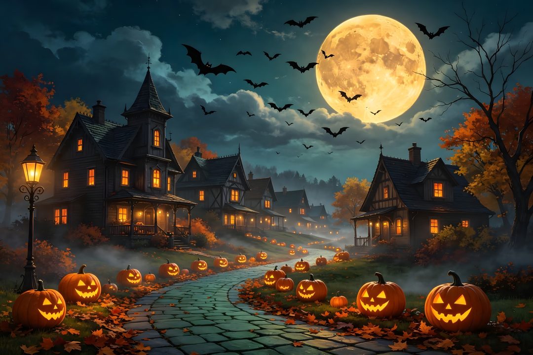 halloween scene with pumpkins and full moon Halloween Village 4k dark slate gray