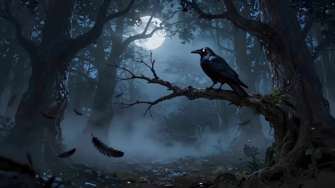 a black bird sitting on top of a tree branch in the middle of a forest Halloween Crow Dark Custom Computer, Pc, Good Night, Forest, dark slate gray