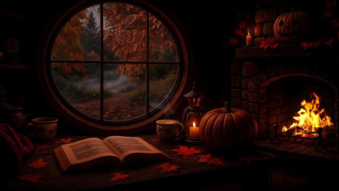 an open book sitting on top of a table next to a fire place and a window Windows 11 Halloween black