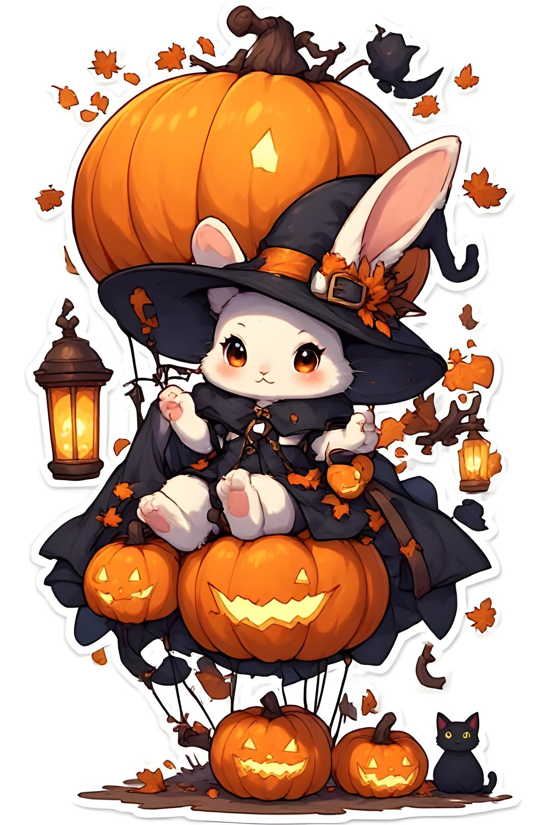 a cat sitting on top of a pile of pumpkins wearing a witch hat and holding a lantern Halloween Bunny light salmon