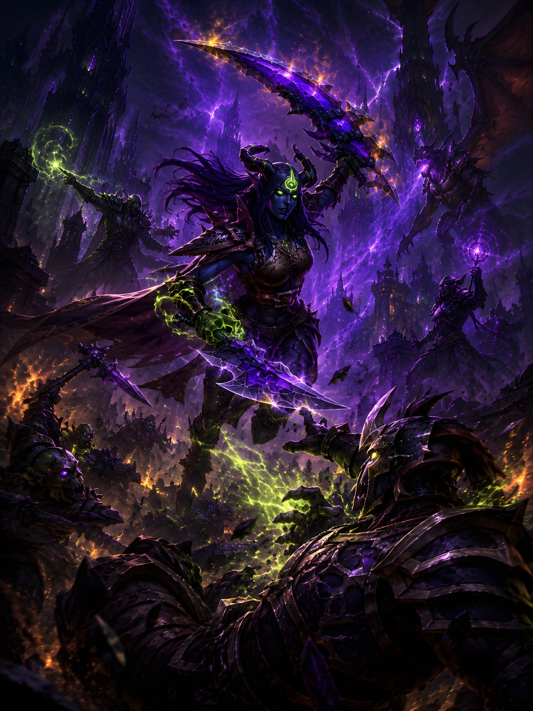 an image of a demonic creature in the middle of a forest with purple and green lights World Of Warcraft Halloween black