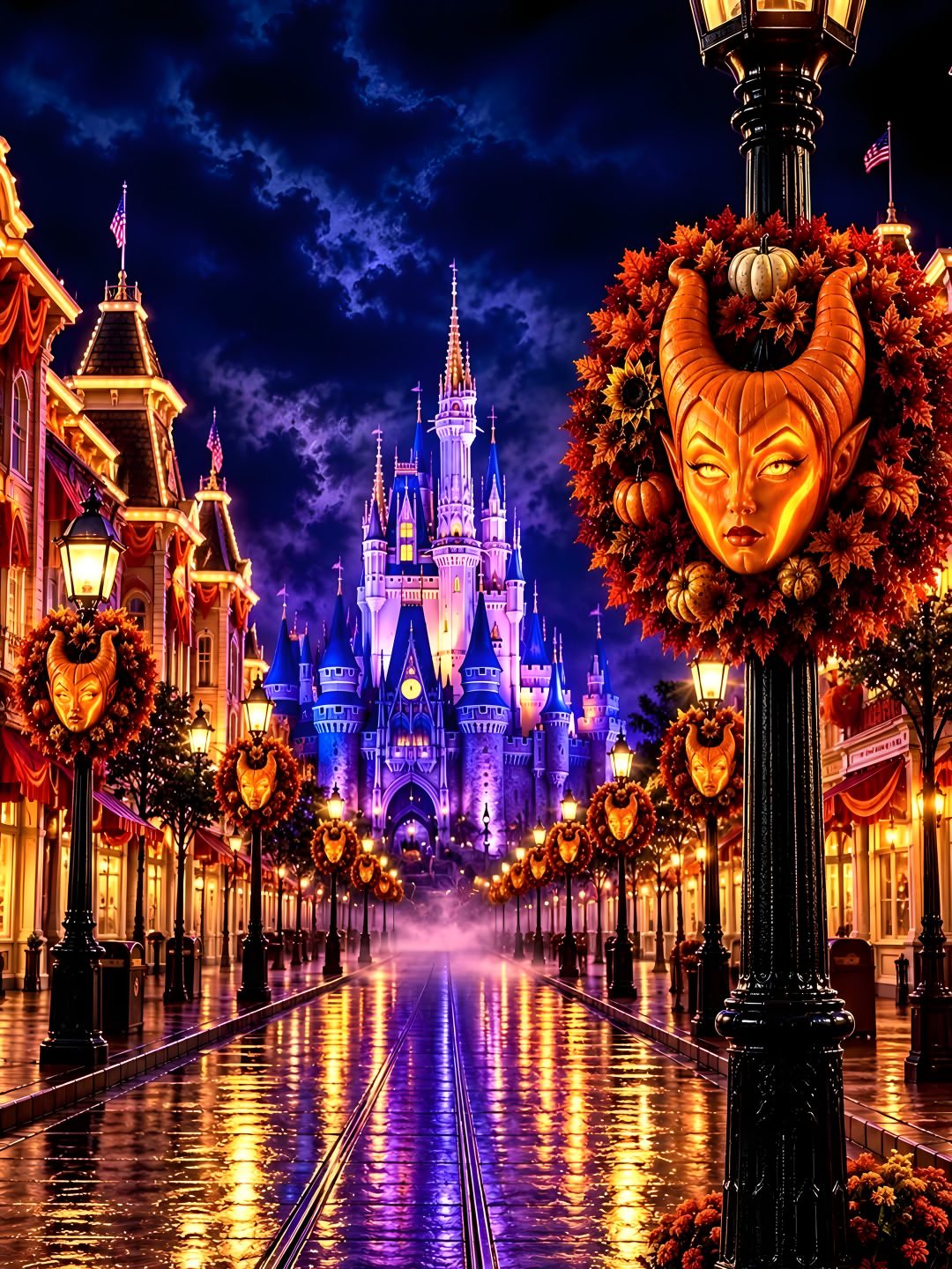 the magic kingdom castle is lit up at night with lights and decorations in front of it Disney Castle Halloween dark slate gray