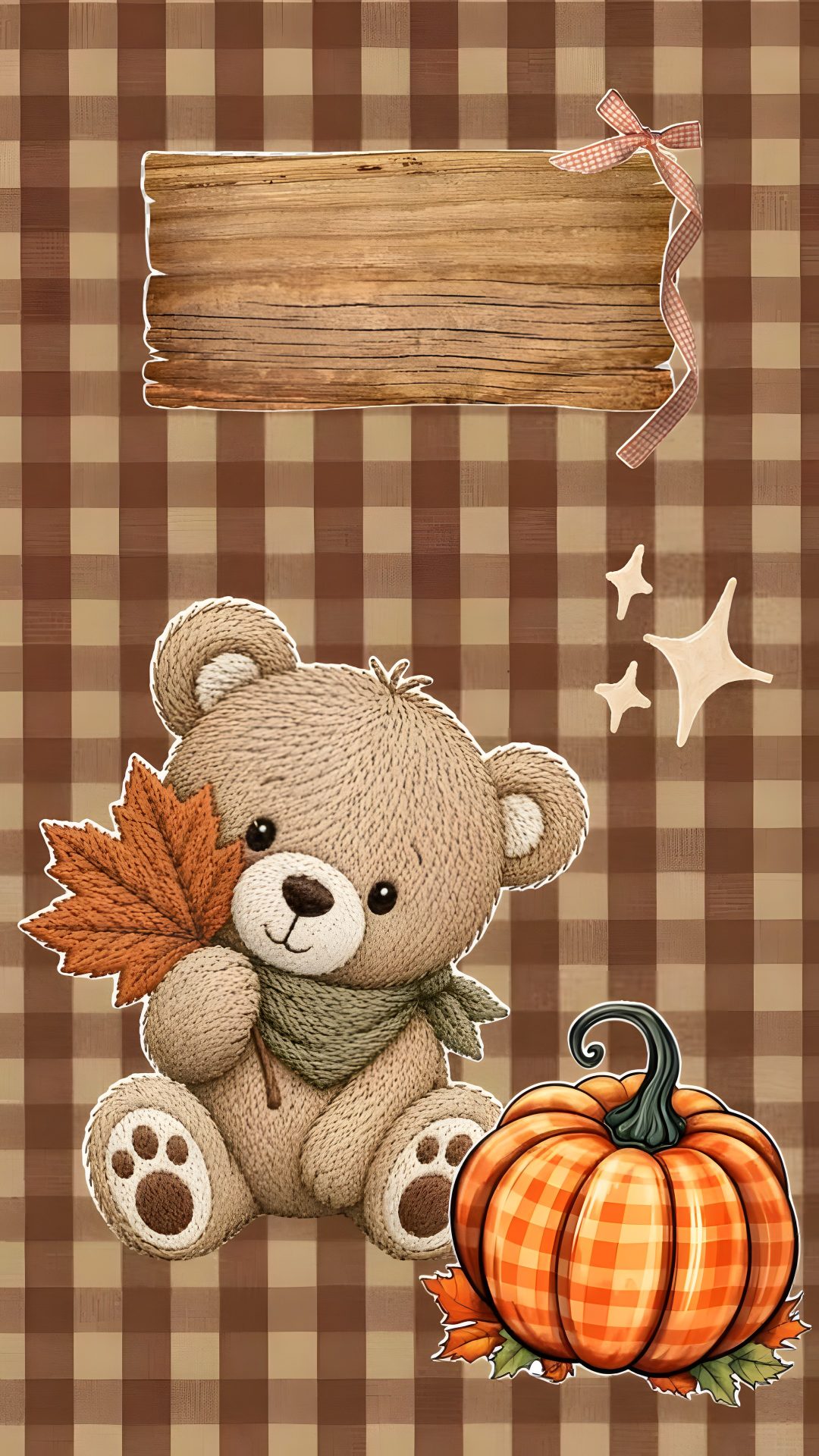a brown teddy bear sitting next to a wooden sign on a checkered table cloth Halloween Bear Iphone sienna