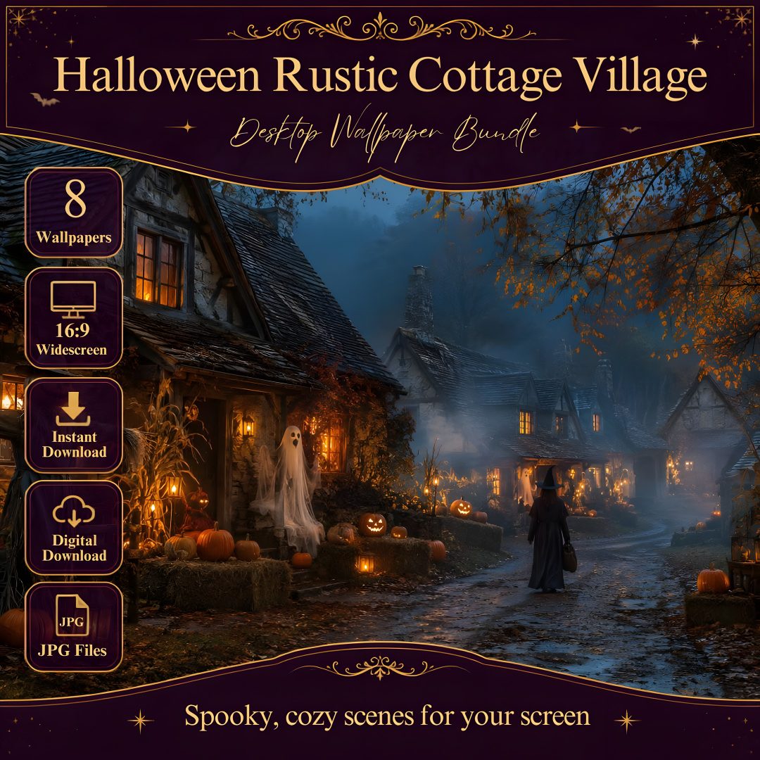 halloween rustic cottage village background with pumpkins and ghost on the road in front of it Halloween Village For Pc black