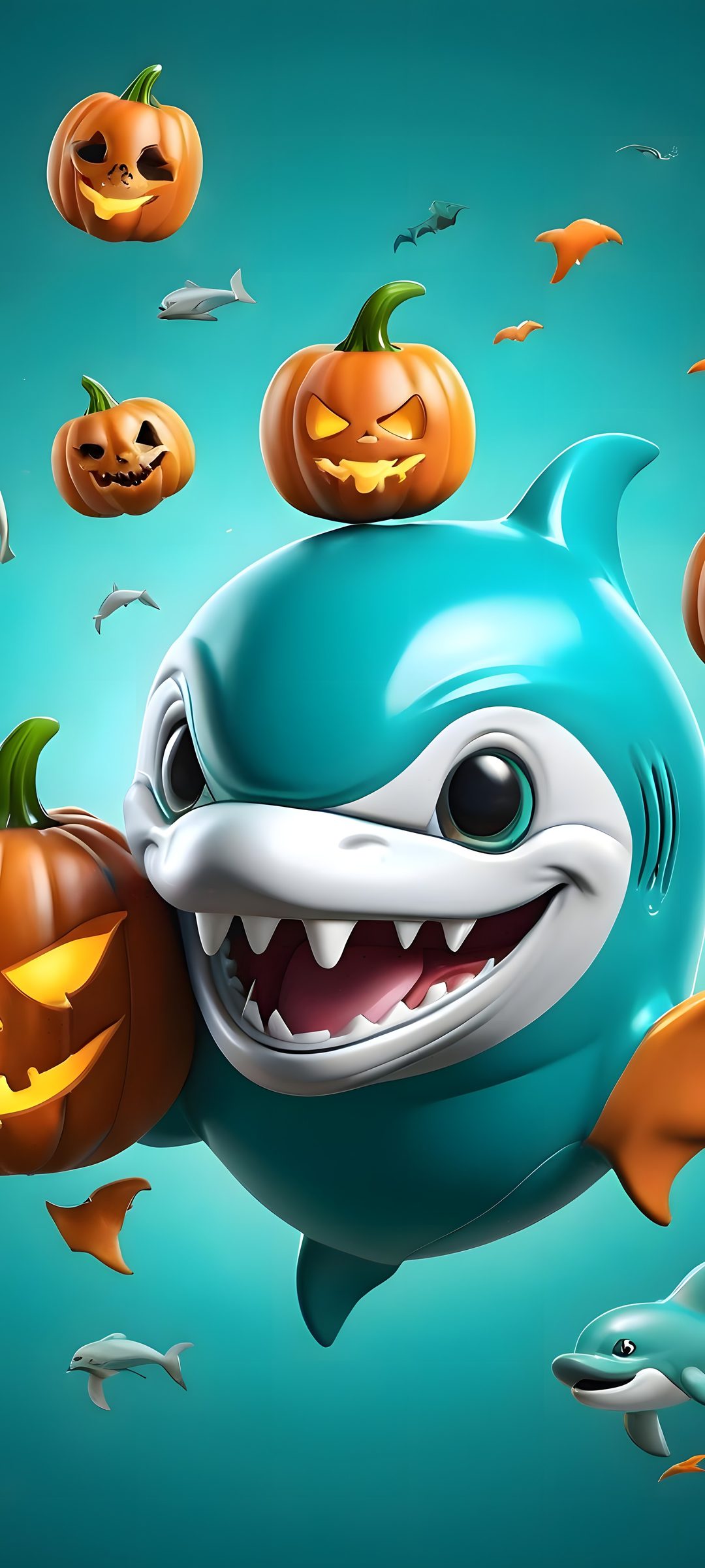 an image of a shark with pumpkins on his head and other fish around him Baby Shark Halloween dark cyan