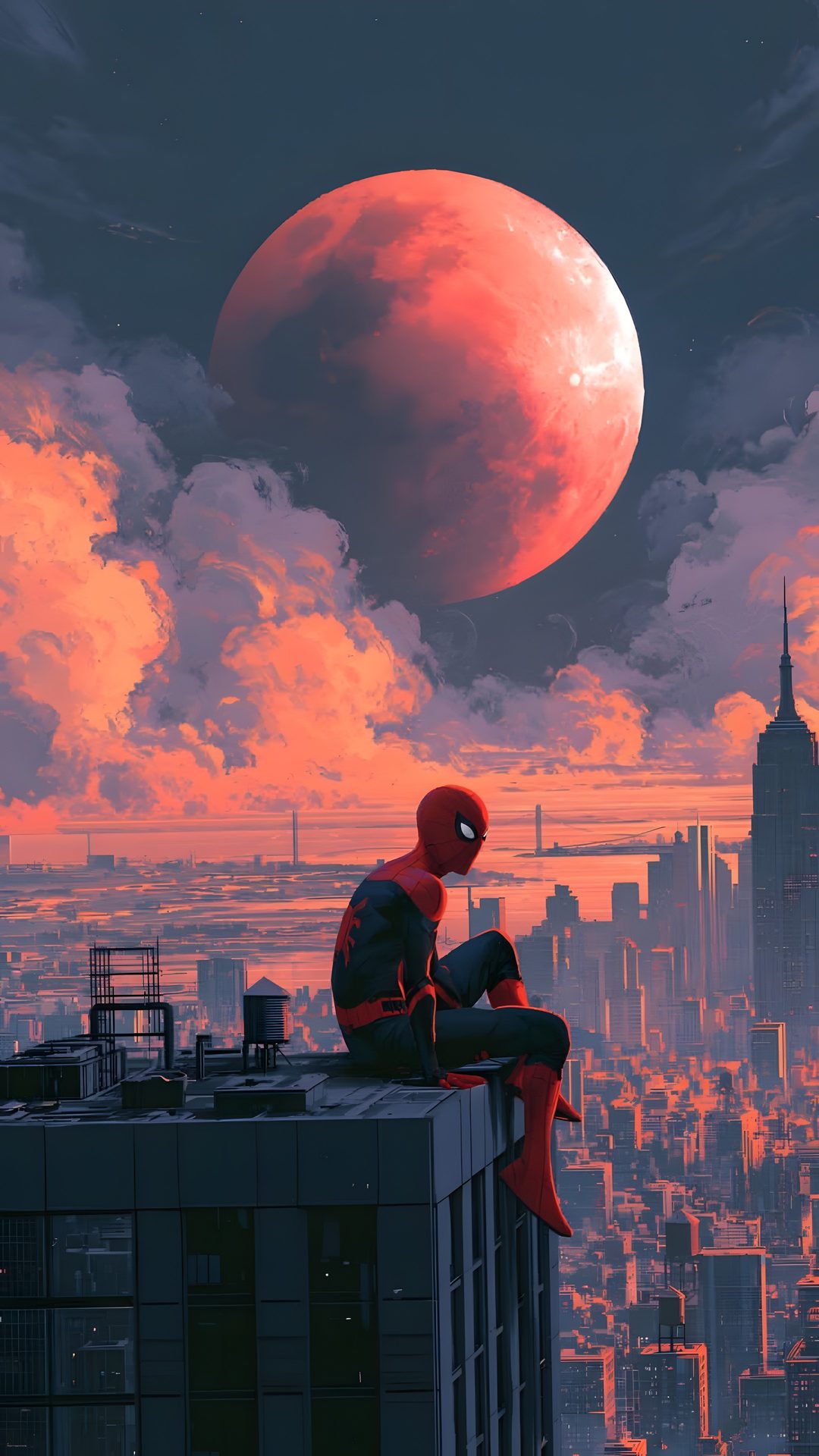 a man sitting on top of a tall building next to a giant red ball in the sky Spiderman Halloween 4k Iphone dark slate gray