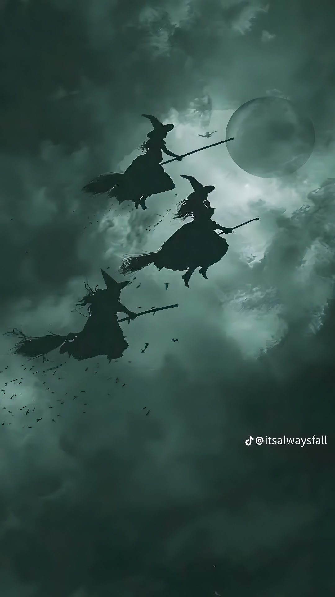 three witches riding on brooms in the sky Halloween Season Of The Witch dark slate gray
