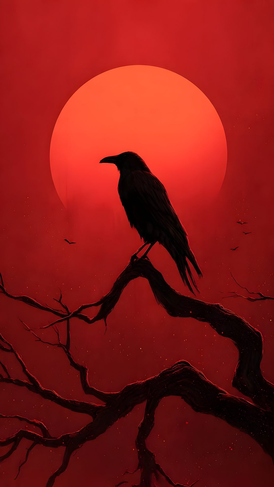 a black bird sitting on top of a tree branch in front of a red sun Halloween Raven Raven, Red And Black, Crow Art, Occult Art, Red Sun, Black,