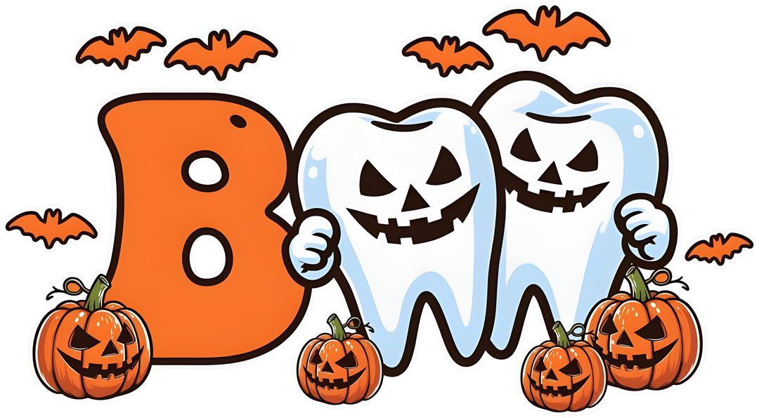 two toothbrushes and three pumpkins with the letter b Dental Halloween Desktop white smoke