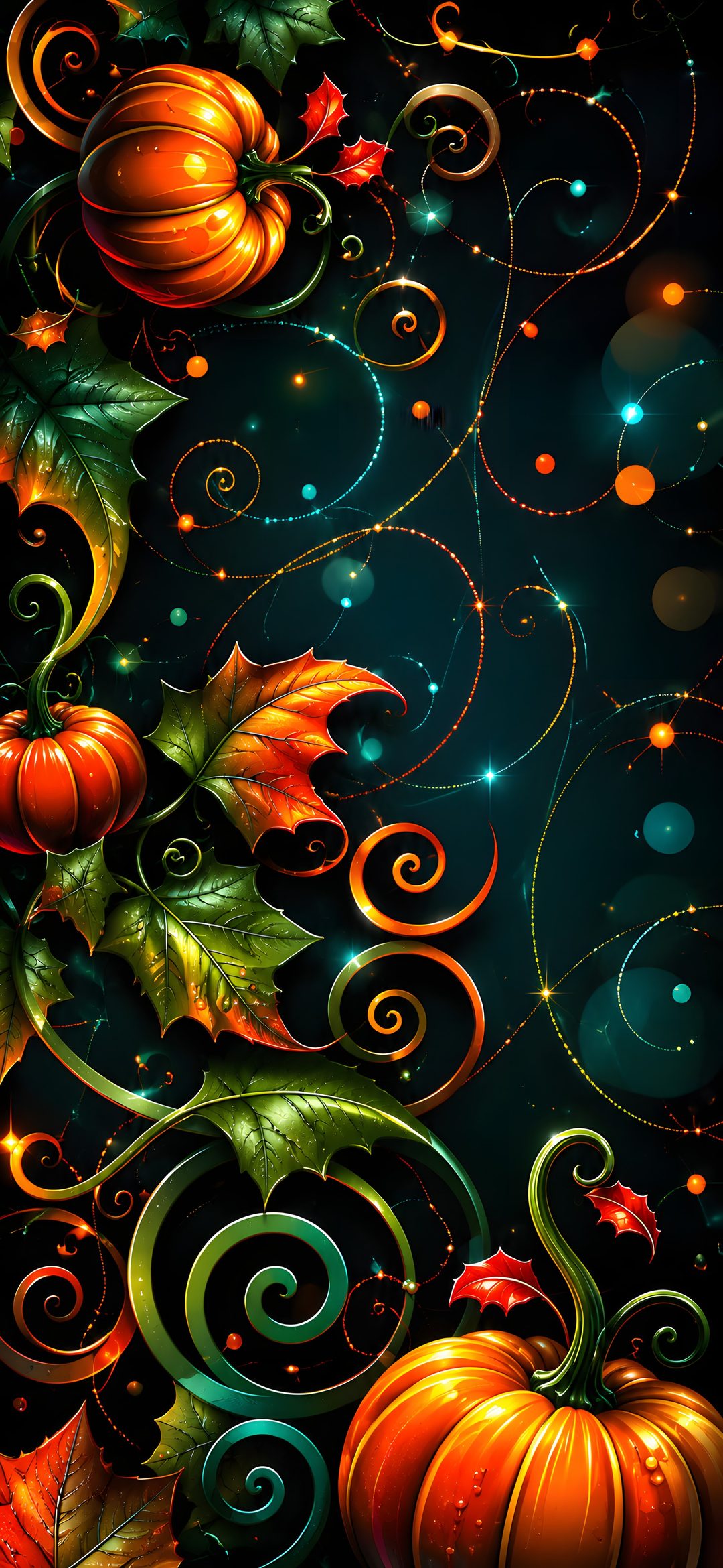 a painting of pumpkins and leaves on a black background with swirly lines, Halloween Celtic Autumn, black