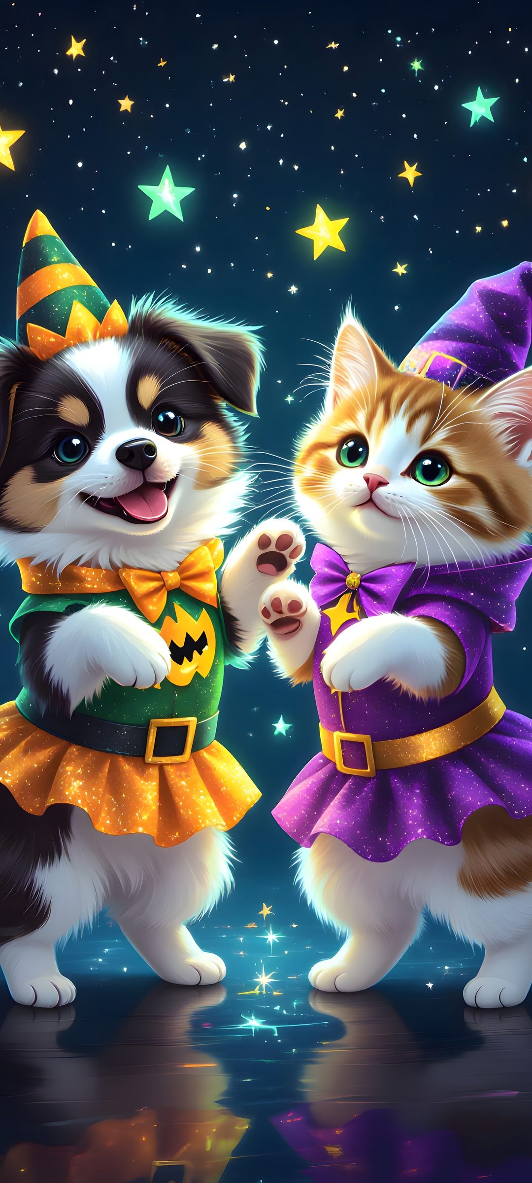 two kittens dressed up as witches dancing in front of the night sky with stars Cute Dog And Cat Halloween Halloween, dark slate gray