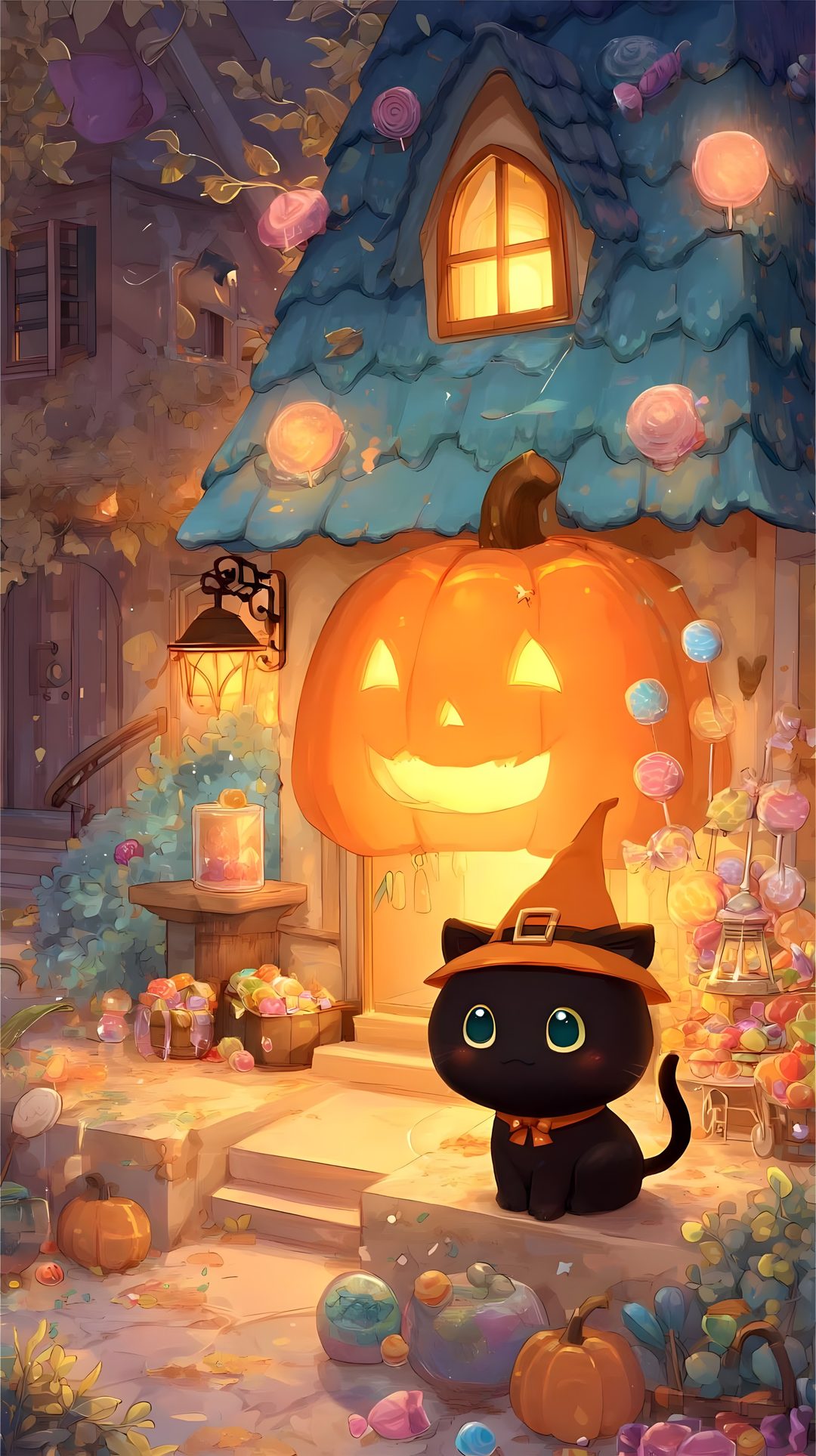 a cat that is standing in front of a house with a jack - o'lantern Anime Cat Halloween sienna
