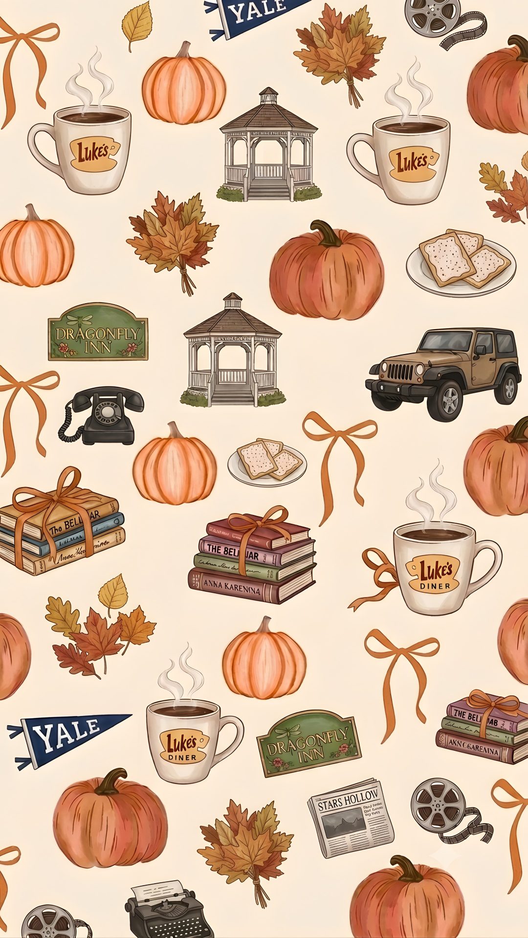 an autumn themed wallpaper with pumpkins, books and other things on it's surface Gilmore Girls Halloween Ipad, antique white