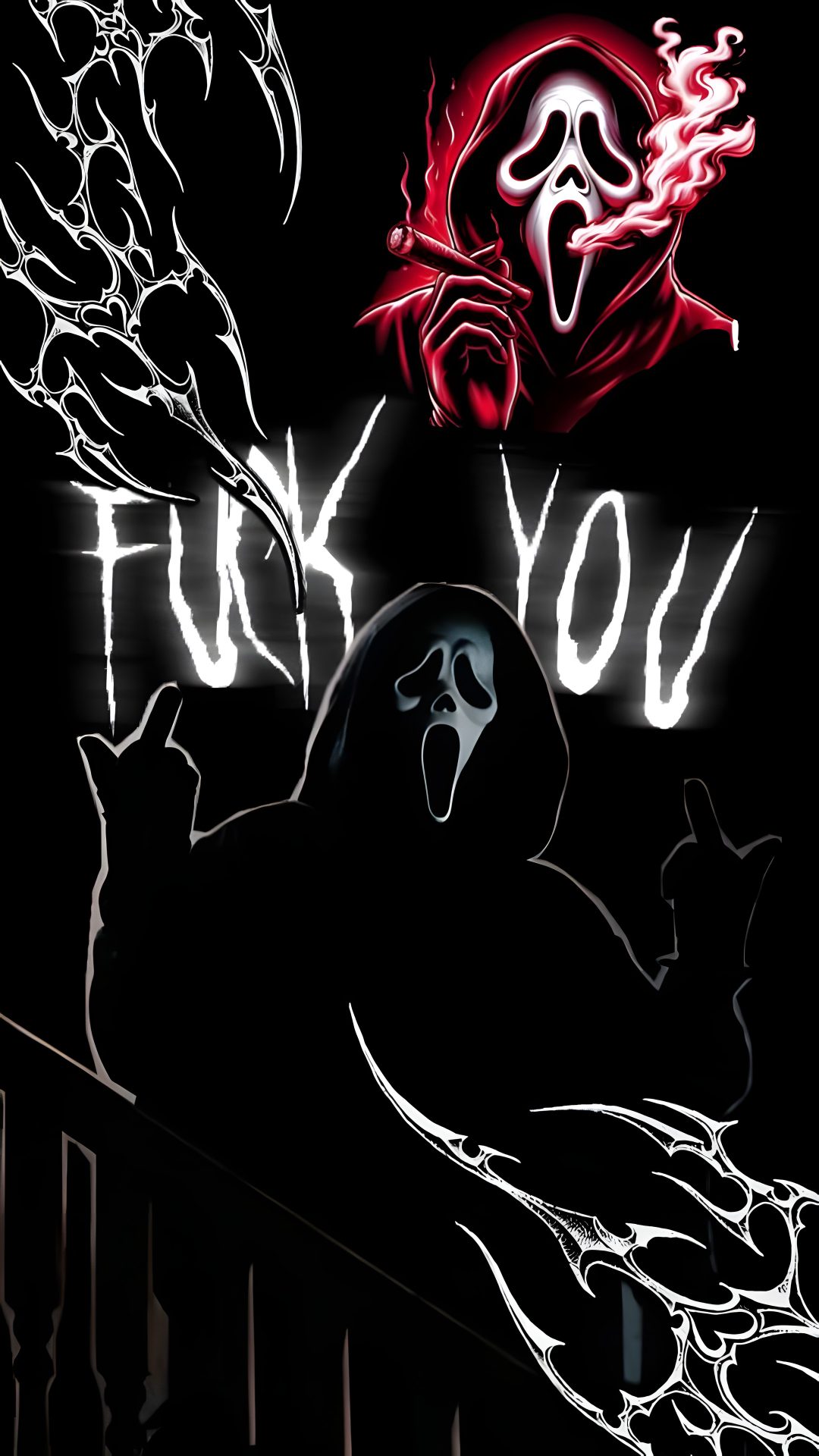 the ghost is standing in front of a neon sign that says, thank you Cute Halloween Ghostface black