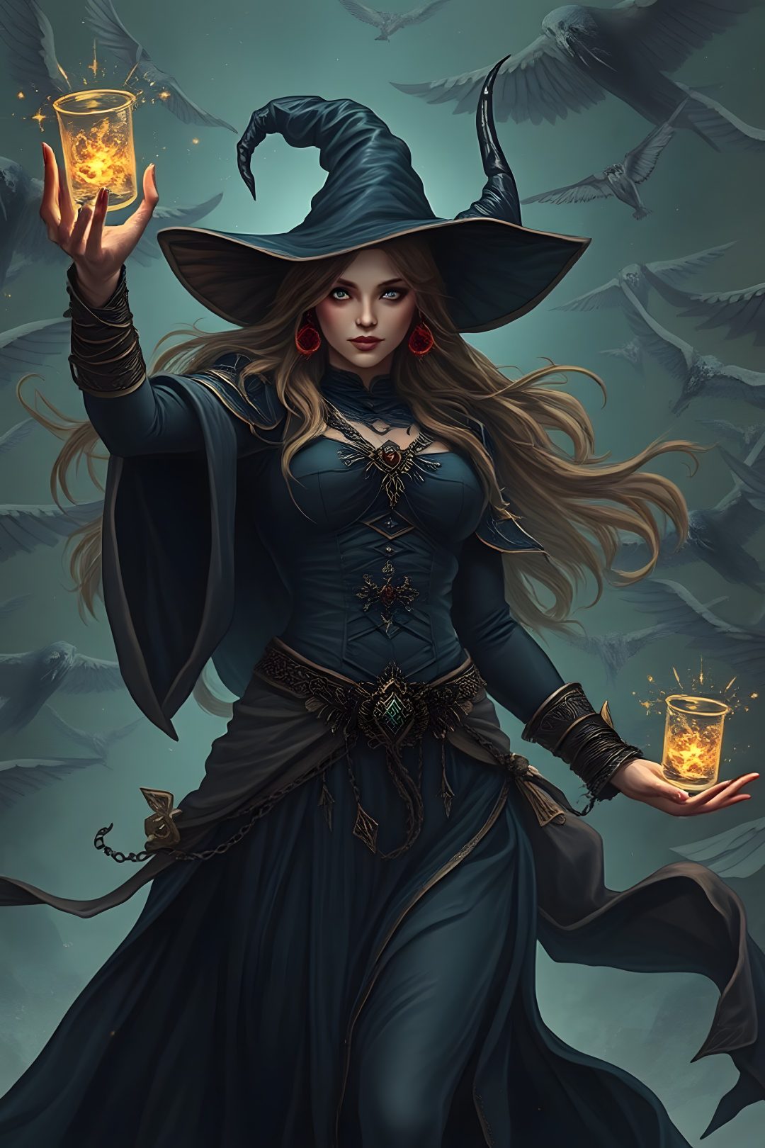 a woman dressed as a witch holding a lantern in her hand and wearing a hat Halloween Witch dark slate gray