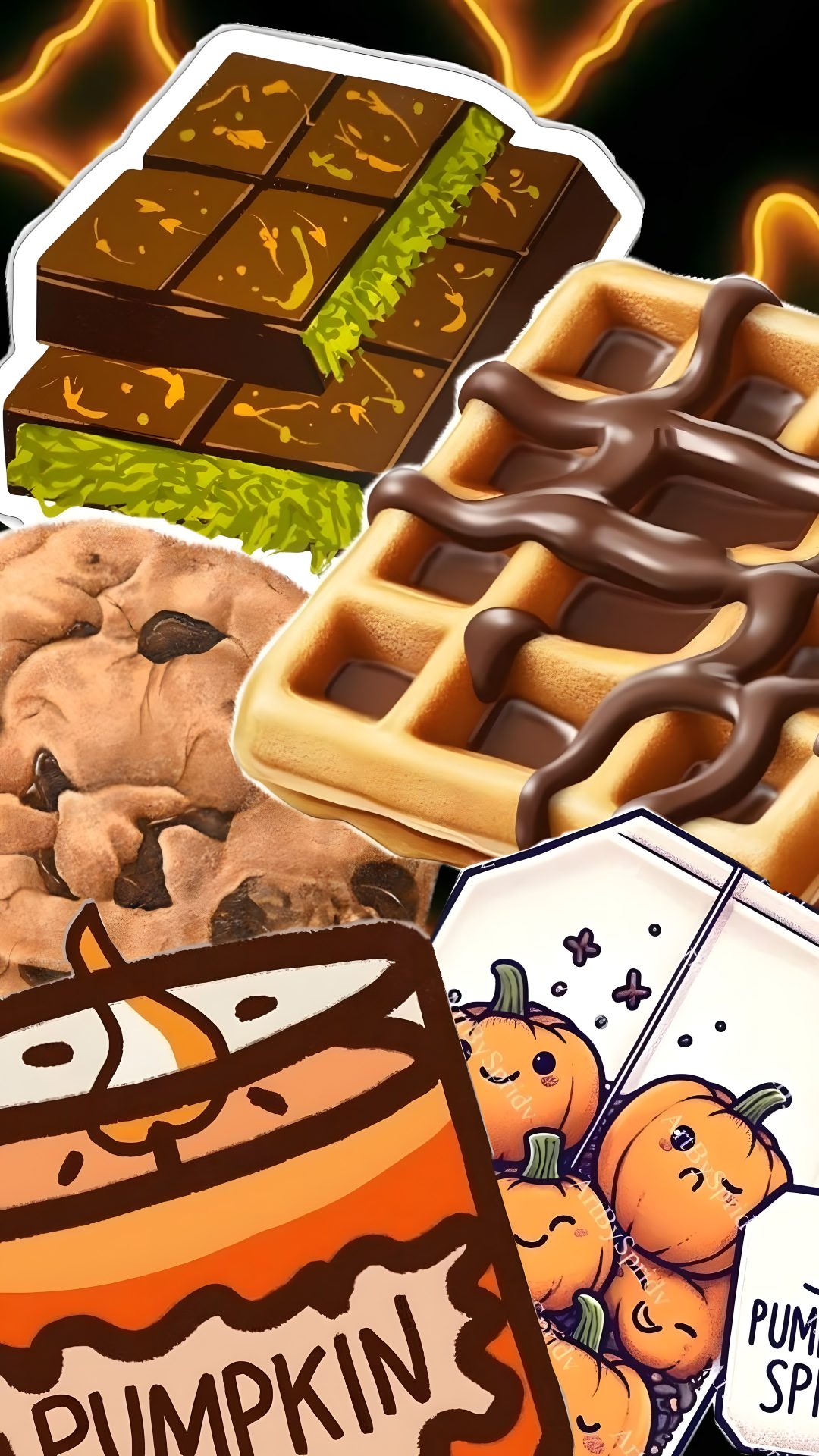 there are many different types of food on the table and one has a sticker that says pumpkin spice Halloween Food sienna