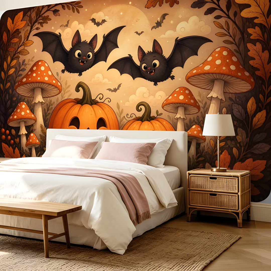 a bedroom decorated in halloween themed decor with bats and pumpkins on the wall above the bed Halloween For Bedroom sienna